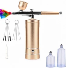 Cordless Airbrush Kit w Compressor 48PSI Rechargeable Nail Makeup Gold