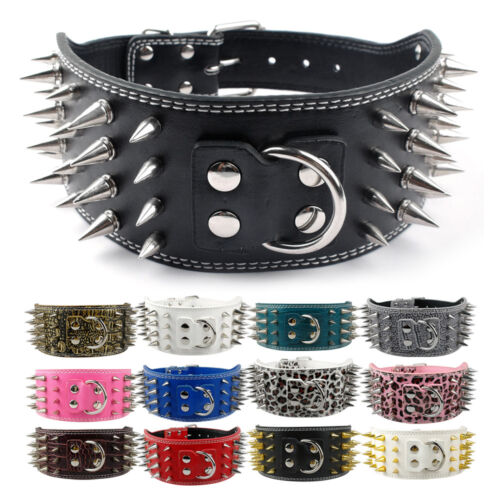 Wide Leather Spiked Studded Large Dog Collar Heavy Duty for Boxer Mastiff M-XL - Picture 1 of 22