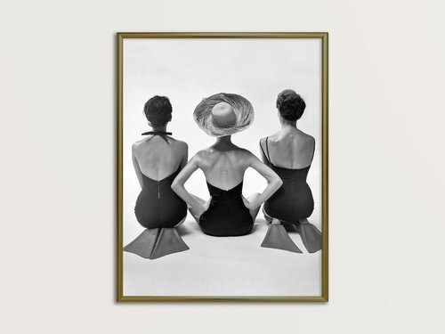 1950 Vintage Fashion Models Swimsuit Print,Glamorous Aquatic Trio, Black White - Picture 4 of 5