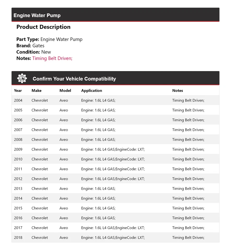 Para 2004-2018 Chevrolet Aveo 1.6L L4 motor a gás portões bomba de água 2005 2006 2007 - Imagem 2 de 4