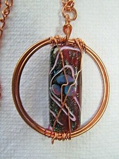 Hardcrafted Copper Wire Wrapped Pendant Necklace Black Lampwork Bead 24"