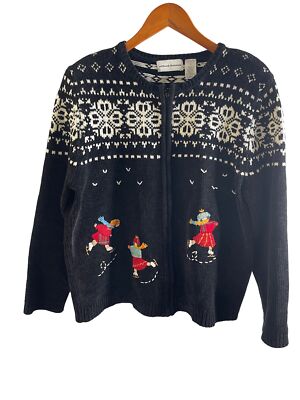 Alfred Dunner Christmas Winter Sweater Cardigan Ice Skating 