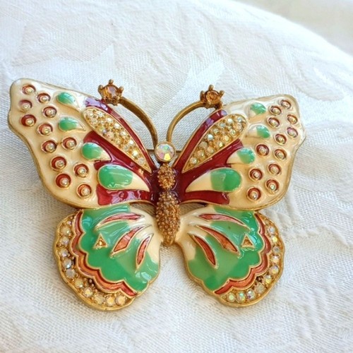 Kenneth Jay Lane Pastel Mint Green Mauve Rhinestone Life Sized Butterfly Pin