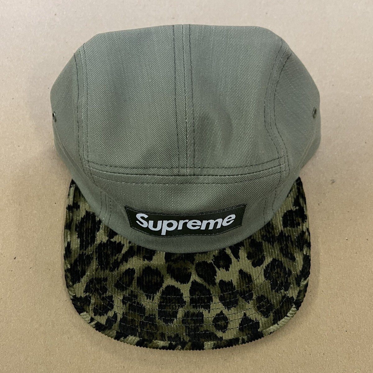 FW11 Supreme Safari Leopard Olive Box Logo 5 Panel Camp Cap Hat