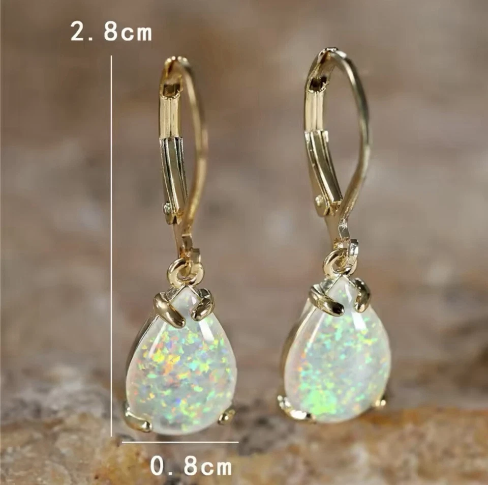 9ct Gold GF Opal White Fire Teardrop  Lever back Earrings FREE BOX (188) - Image 3 of 4
