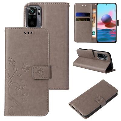 Handy Tasche für Xiaomi Redmi Note 10 Handyhülle Blumen Buch Cover Case Grau