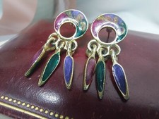 GOLD TONE AND ENAMEL DANGLE PIERCED EARRINGS MARKED MADE IN USA