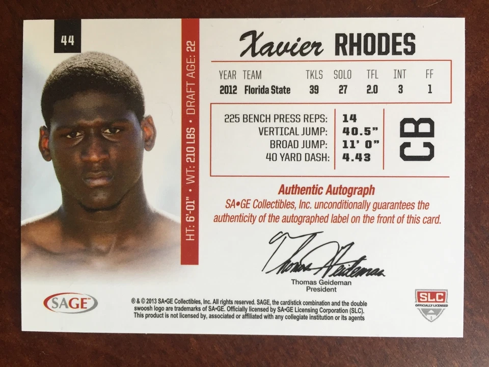 2013 SAGE HIT Autographs Xavier Rhodes Rookie Auto 13/50 RC VIKINGS - Image 2 of 2