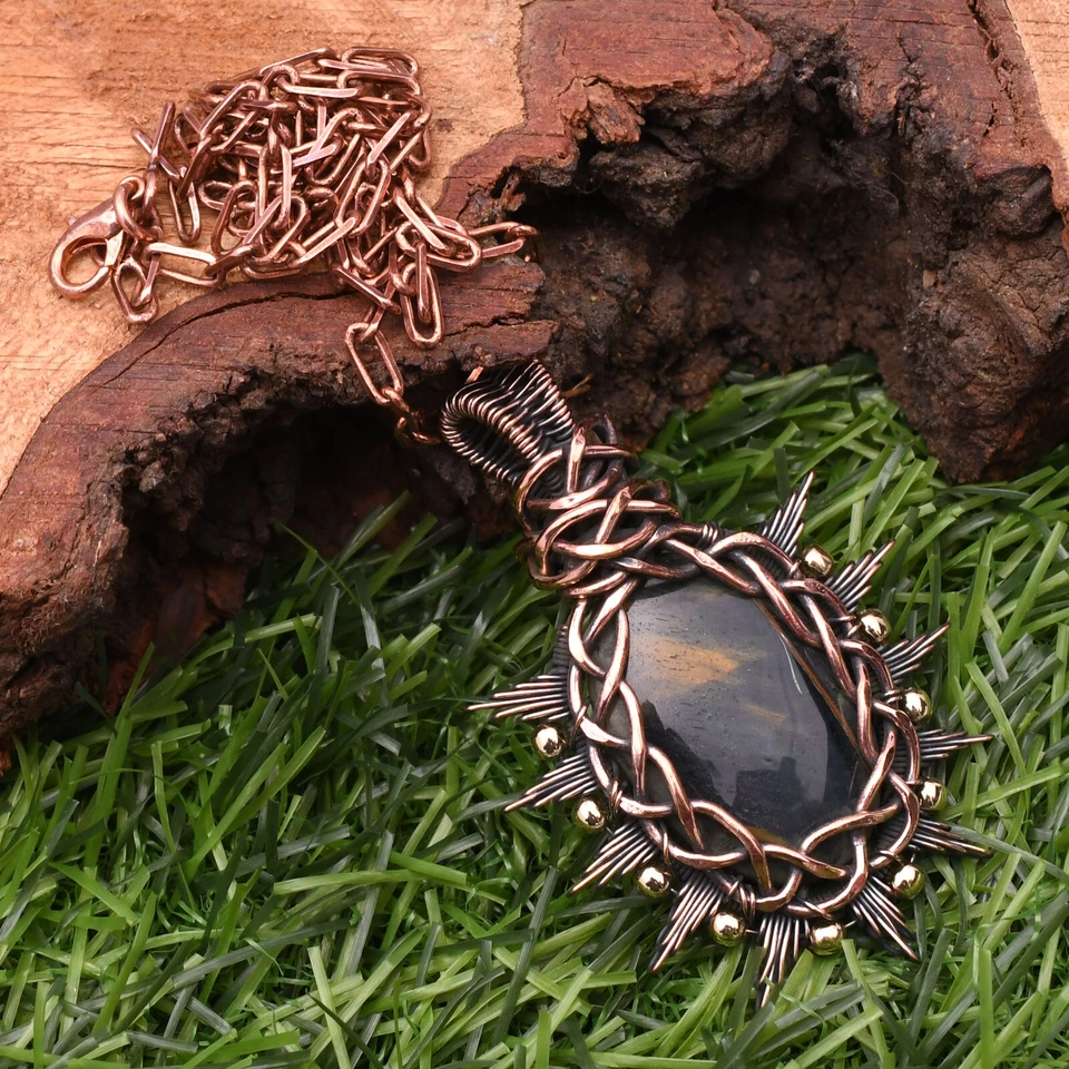 Colgante de hierro ojo de tigre piedras preciosas alambre de cobre envuelto hecho a mano joyería 1,93" Foto 4 de 4