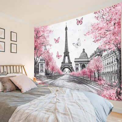 Pink Floral Vintage Building Eiffel Tower Tapestry for Bedroom Living Room  Dorm