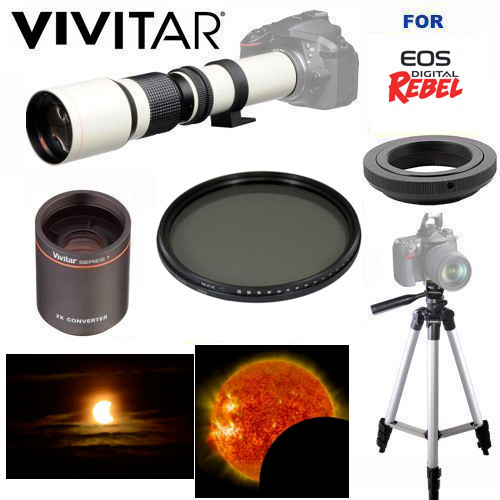 500-1000MM TELESCOPIC LENS + SOLAR FILTER  FOR CANON EOS REBEL T3 T3I T5  T6 T7