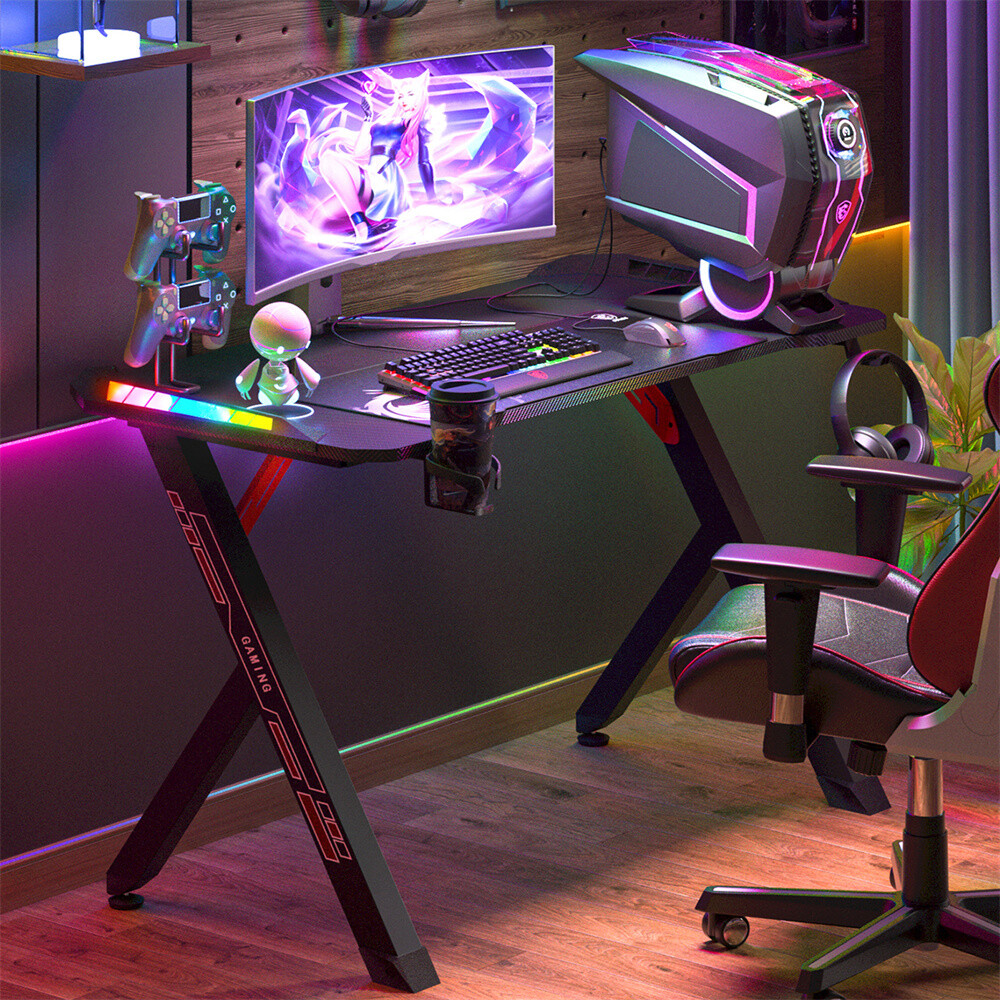 FATIVO 47"" Gaming Desk Computer Table Home Office Desk with Cup Holder Storage