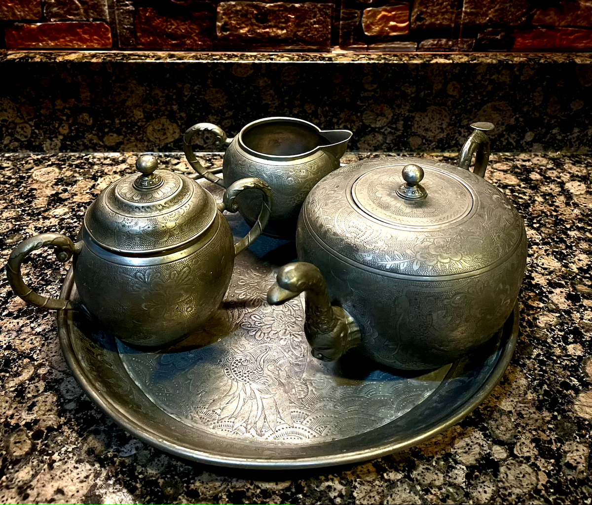 Old Chinese Pewter HUIKEE SWATOW Teapot Set Engraved Dragon Old Chinese Pewter HUIKEE SWATOW Teapot Set Engraved Dragon