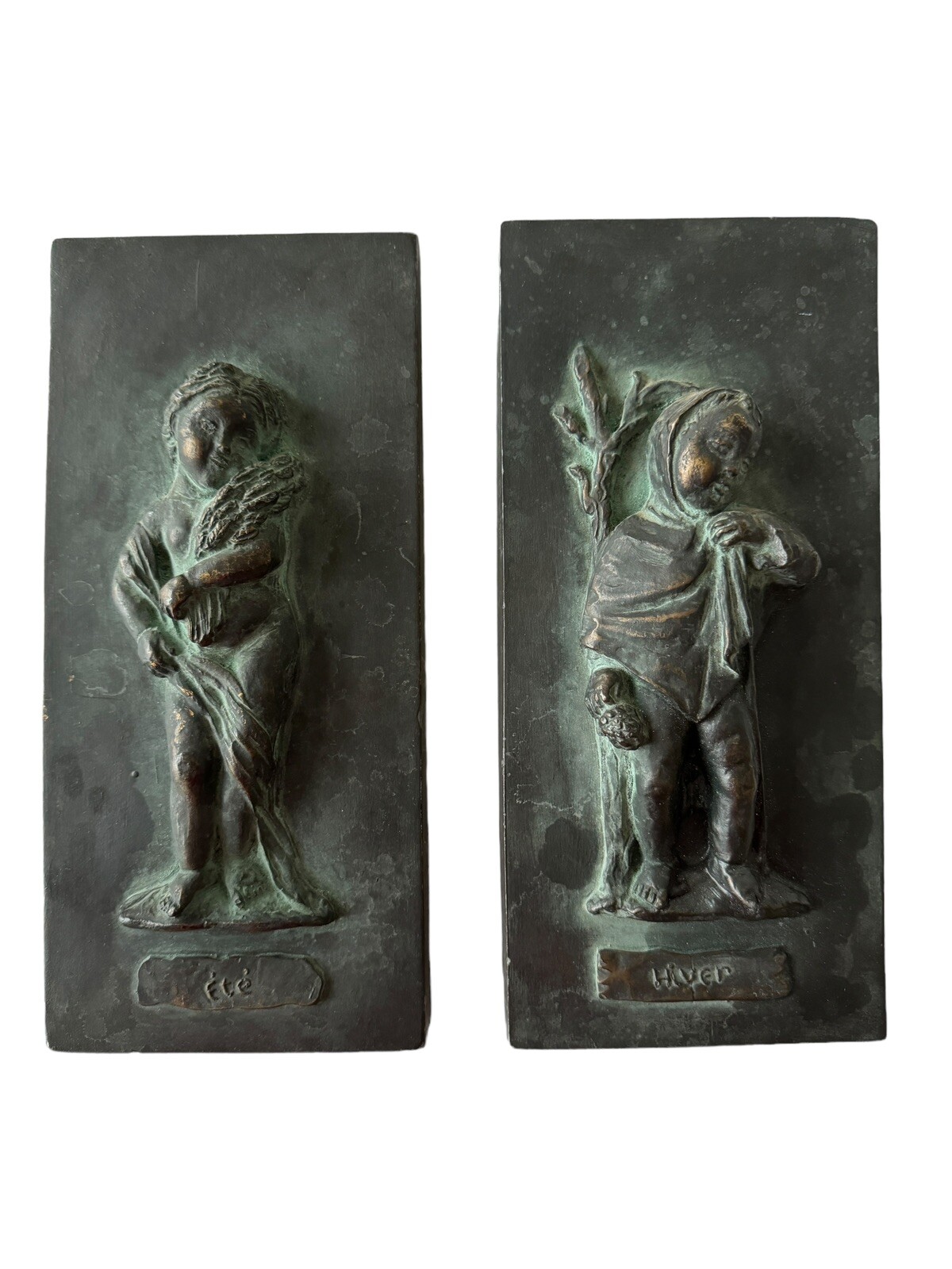 2 Vintage French Bronzed Patina Relief Hanging Wall Plaques Winter & Summer EUC