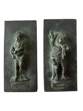 2 Vintage French Bronzed Patina Relief Hanging Wall Plaques Winter & Summer EUC