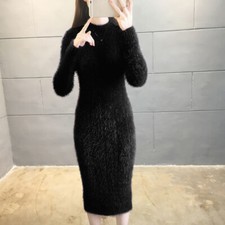 Ladies Warm Faux Fur Sweater Dress Slim Fit Long Knit Pullover Mock Neck Dress