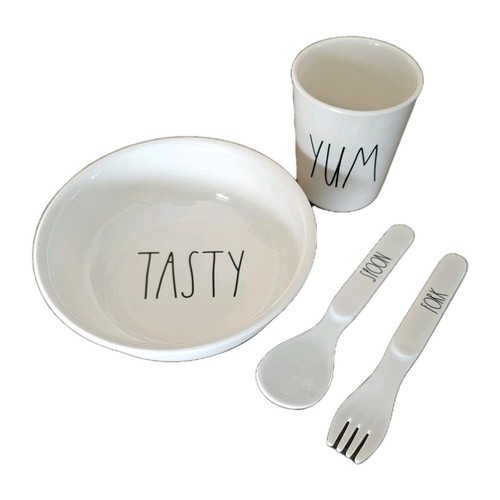 Rae Dunn Baby Child Toddler Set 100% Melamine Bowl Cup Spoon Fork Gently Used