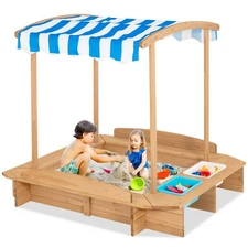 Kids Large Wooden Sandbox w/ 2 Bench Seats Outdoor Play Station for Children