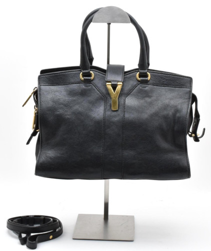 Saint Laurent Cabas 2way Shoulder Hand bag Purse Y Line Black Leather Gold YSL