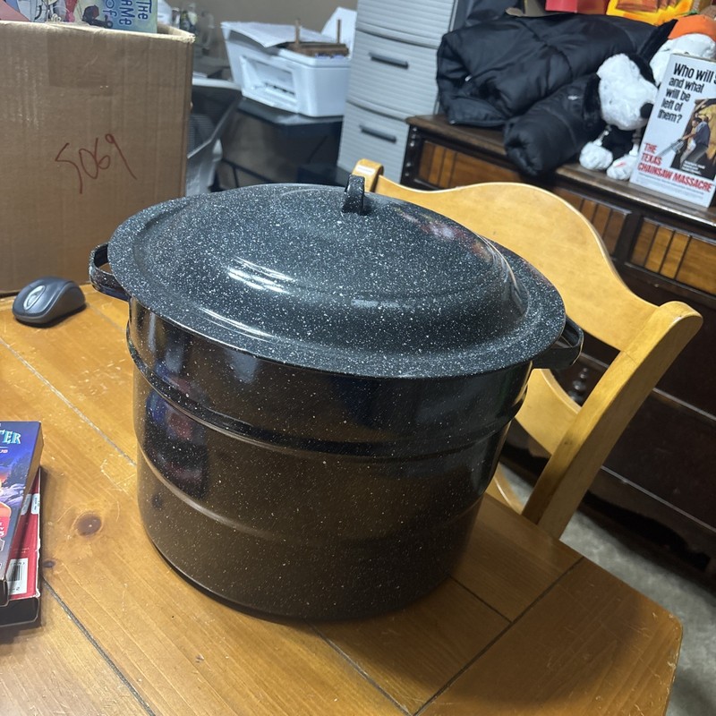 Large Black Speckled Metal Canner Pot Set with Lid, Rack, & Colander