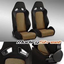 2 x Universal Black+Gold I-pattern PVC Reclinable Racing Seats Left/Right