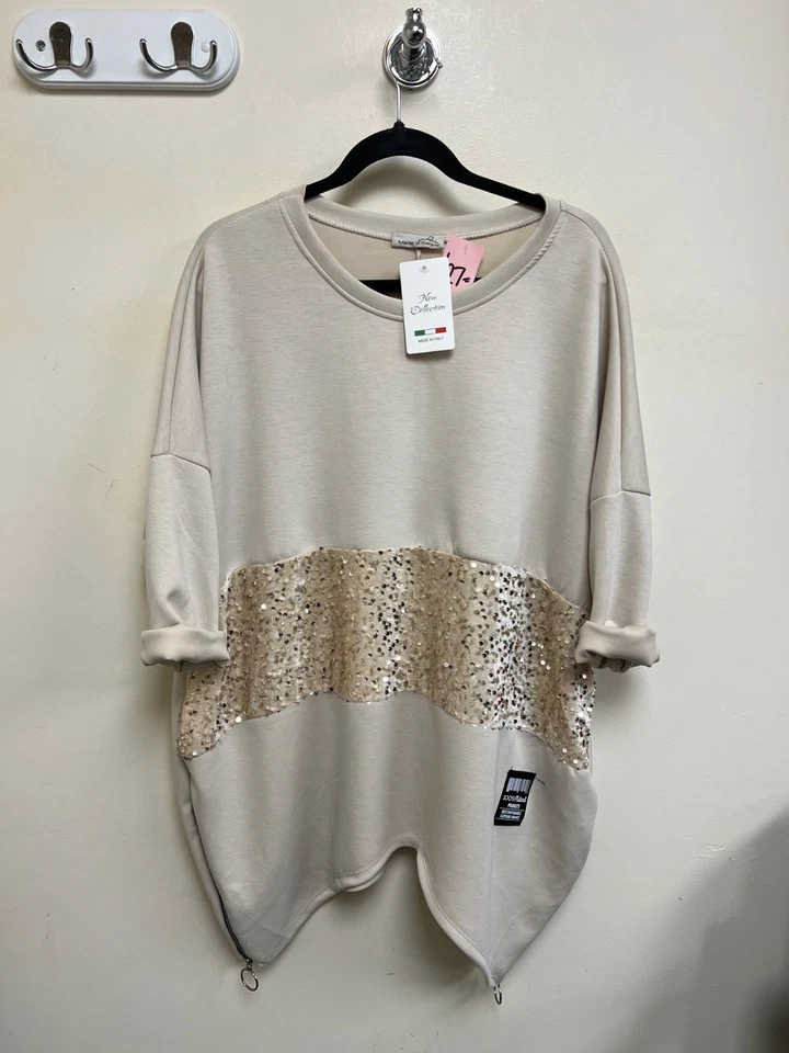 Ladies Self Coloured Sequins Oversized Scuba Fabric Pocket Top Side Zips - Image 4 of 4