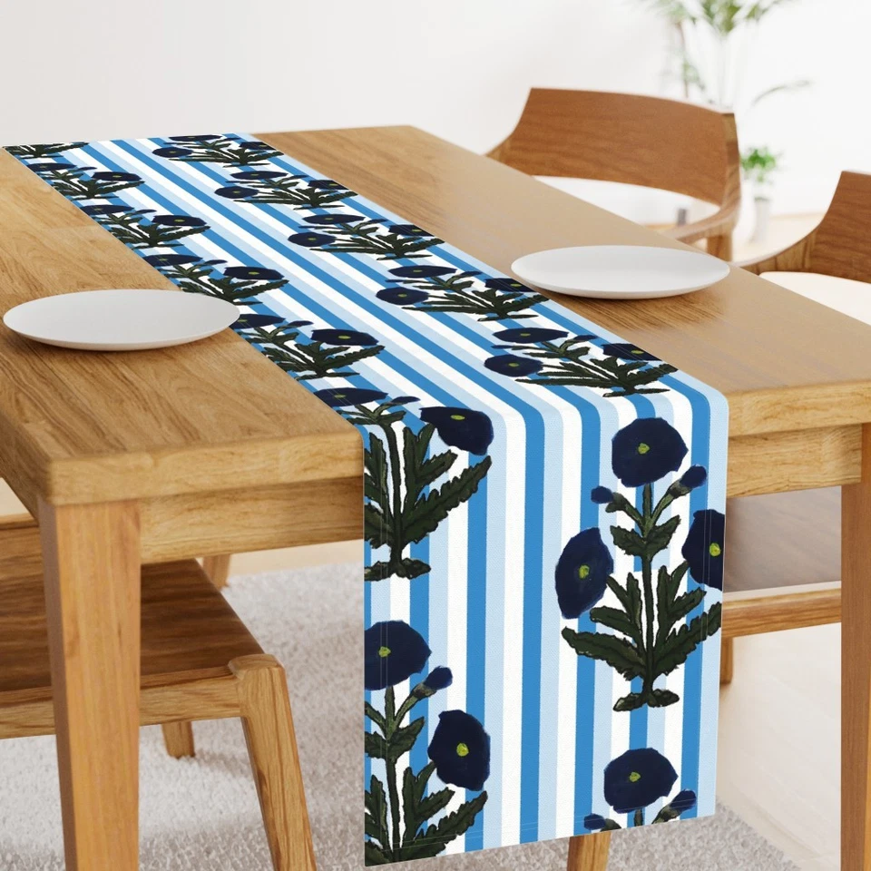 Navy Blue Marigold Stripe Block Print Floral Printed Table Runner - Image 2 of 4