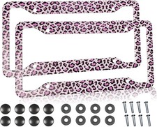 Pink Leopard Print License Plate Frame Metal Aluminum Cover Car Tag Holder With