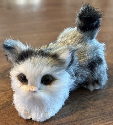 Realistic Cat Ornament Grey with White & Black Fur Rabbit Fur Green Eyes Christm