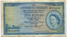 INSEL MAURITIUS, BANKNOTE 5 Rupien 1954 S.27