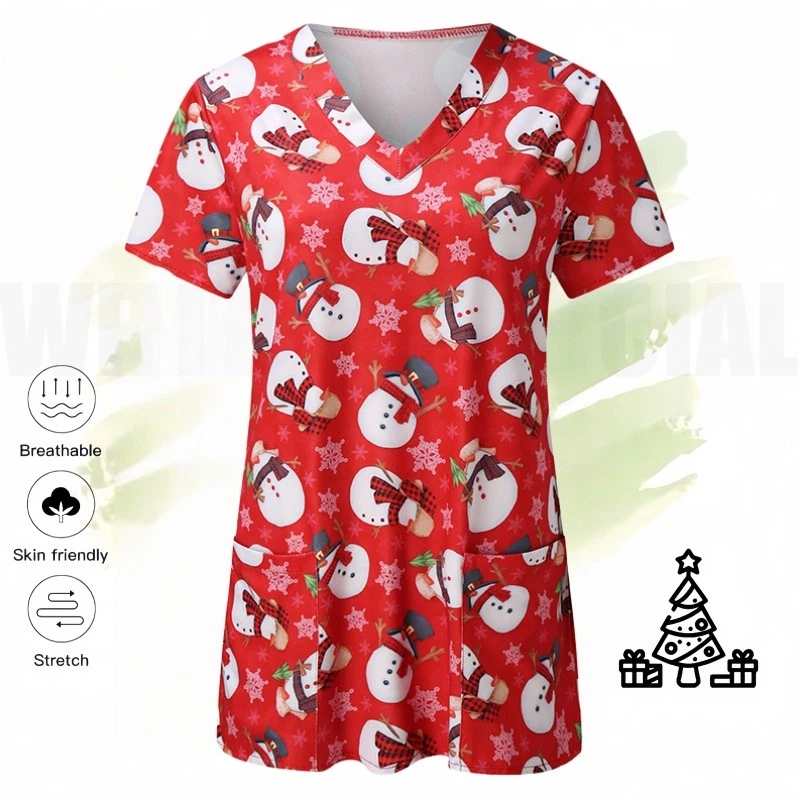 Christmas Scrubs for Women Tops V Neck Short Sleeve Nurse Shirt with Pockets - image 4 of 4