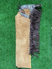 Handmade Suede Leather Chaps with Tooling  Fringe  Western Cowboy Riding Gear