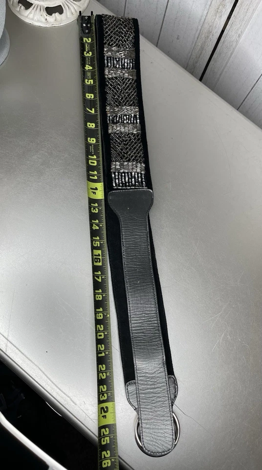 Vintage CHICOs Black Suede Leather Seed Bead Glam Boho Hip Belt Large - Image 4 of 4