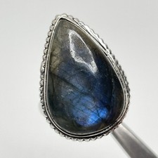 Teardrop Shaped Labradorite Gemstone Silver Plated Ring Statement Boho Sz. 6.5