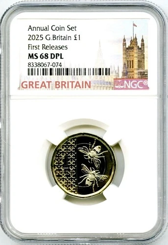 2025 1£ GREAT BRITAIN POUND UNC NGC MS68 DPL TWO BEES FIRST RELEASES POP-21