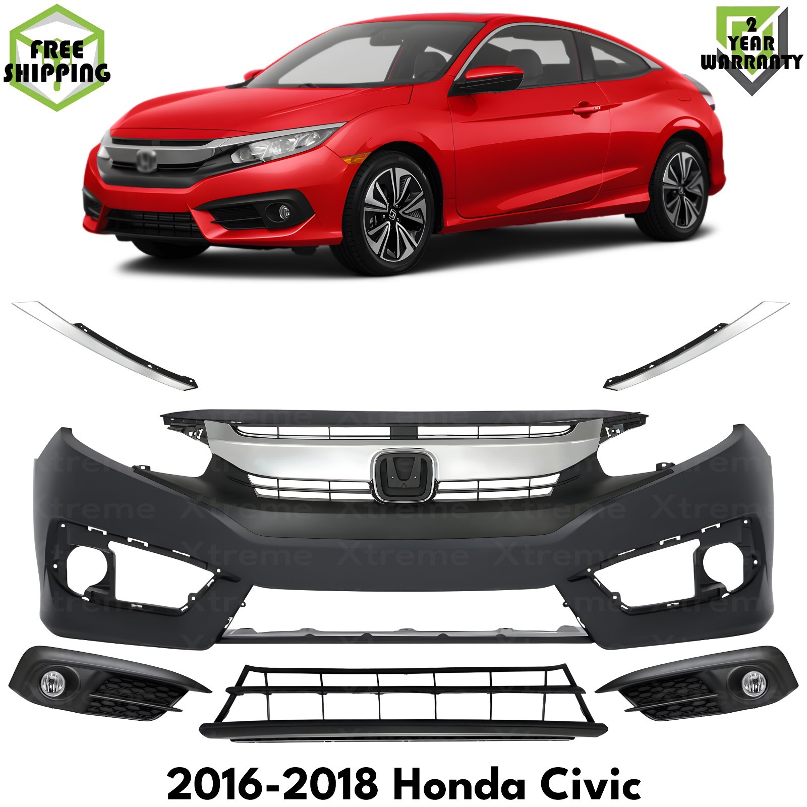 Front Bumper Cover Paintable & Grille Assembly Kit For 2016-2018 Honda