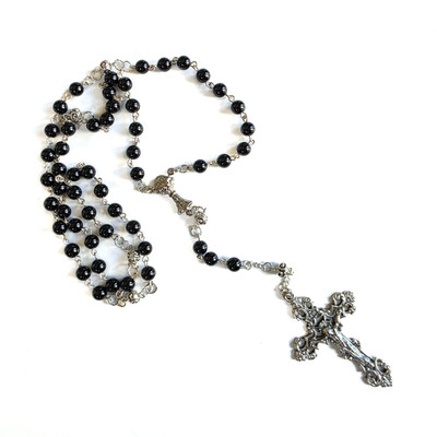 Vintage Artisan Onyx Catholic Rosary Necklace 5-Decade Silver Tone Cross Easter