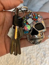 Rhinestone Punk Skull Keychain, Horror, Silver, Key Ring Chain, Goth Gothic, New