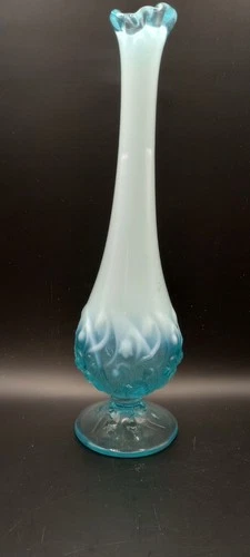 Fenton Aqua Blue Opalescent Lily of the Valley Bud Vase 10-1/4” Tall 1980s Vtg