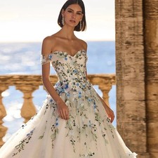 White A-Line Wedding Dresses Off Shoulder Sleeveless Bridal Flower Court Train