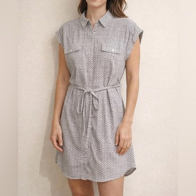 Express Printed Shirt Dress Tunic Medium Belted Tan Brown Mini Dress