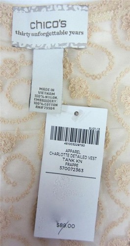 CHICO'S APPAREL 30 ANIVERSARIO CHARLOTTE CHALECO DETALLADO FRAPPE NUEVO CON ETIQUETAS $89 TALLA S/M - Imagen 7 de 7
