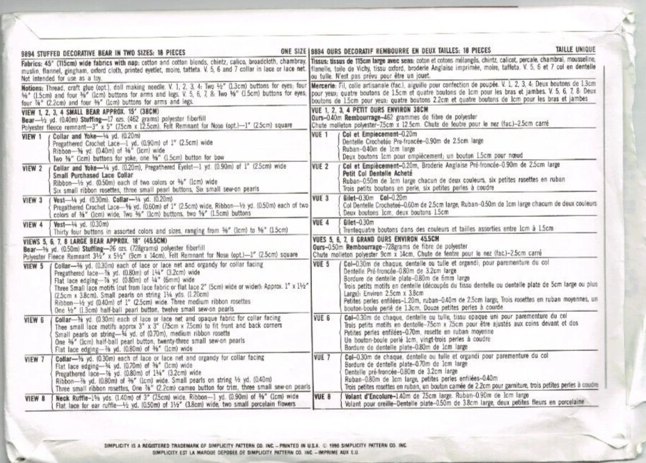 Stuffed Bear Pattern w Collar Vest Simplicity 9894 Uncut Decorative 1990 Vintage - Image 2 of 2