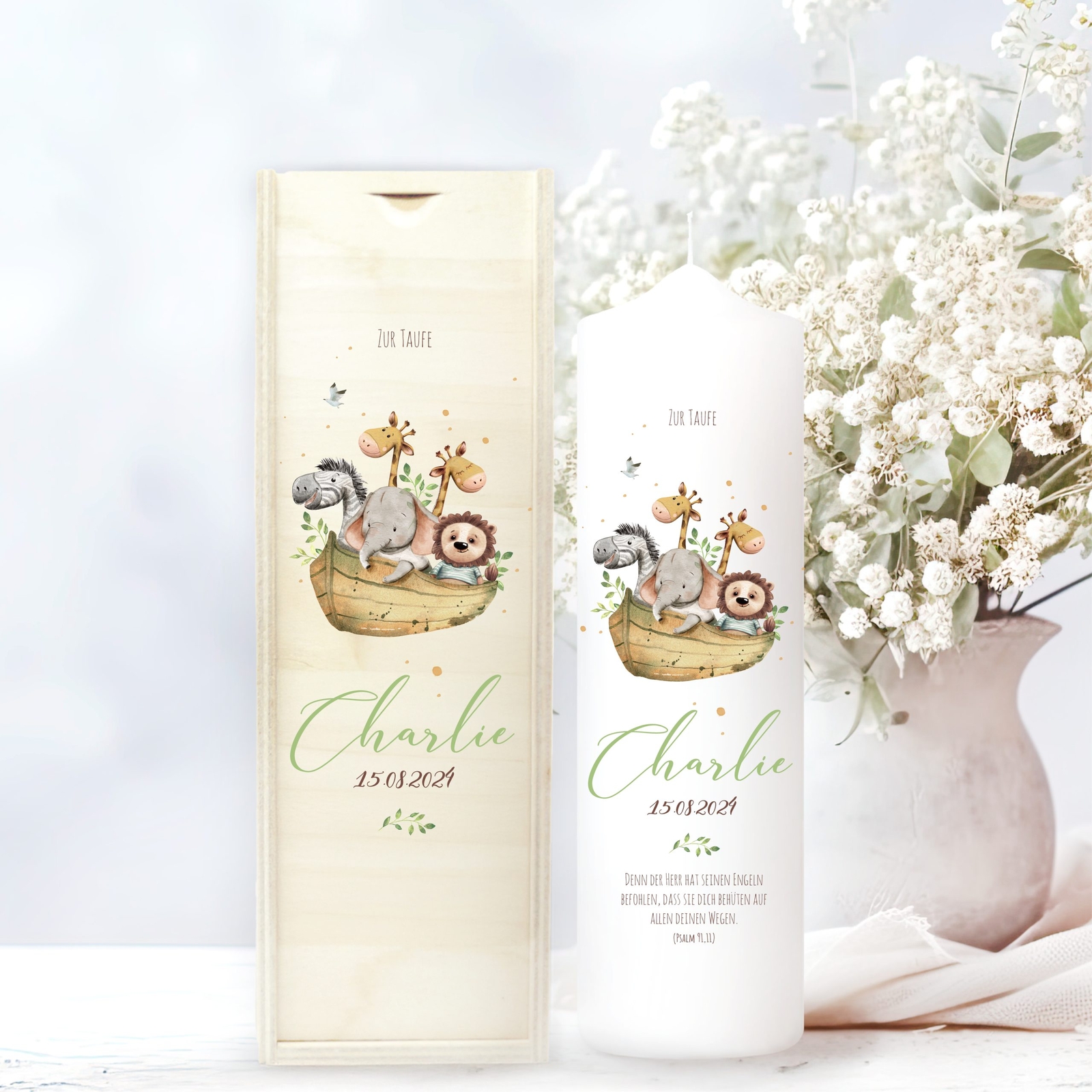 Taufkerze oder Kerze zur Geburt Junge Mädchen Arche Noah Tiere in einem Boot,...