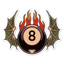 Flaming 8 Ball Wings, Vinyl Decal Sticker, Indoor Outdoor, 3 Sizes, #11116
