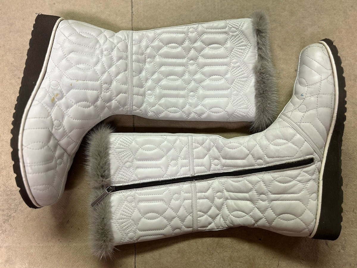 Donald J Pliner White Quilted Leather Mink Trim Boots Size M