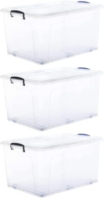 Superio Deep Clear Plastic Stackable Wheeled Storage Bin with Lid, 85 Qt, 3 pack