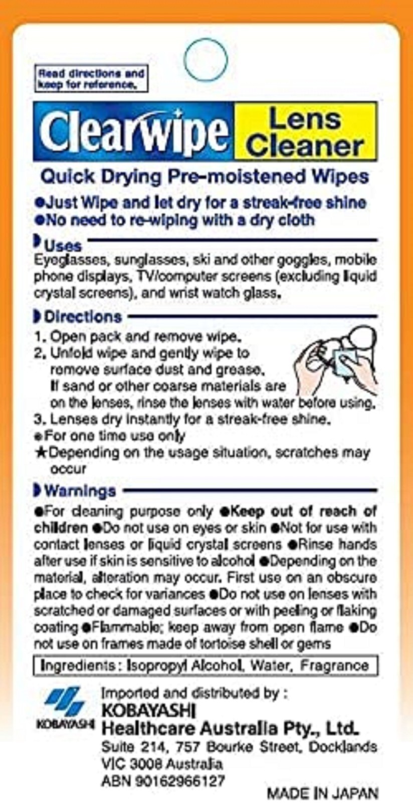 Clearwipe Lens 60pk Cleaner Glasses Clear Eyeglass & Sunglass