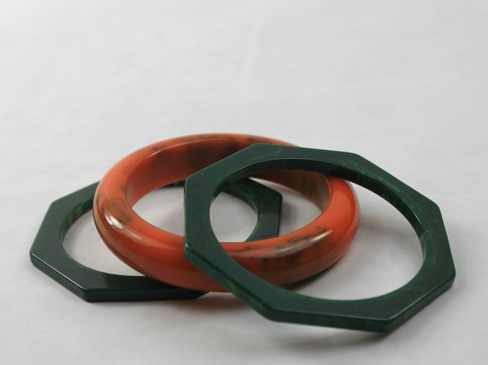Bakelite Bangle Stack Set Green Yellow Octagon Or… - image 4