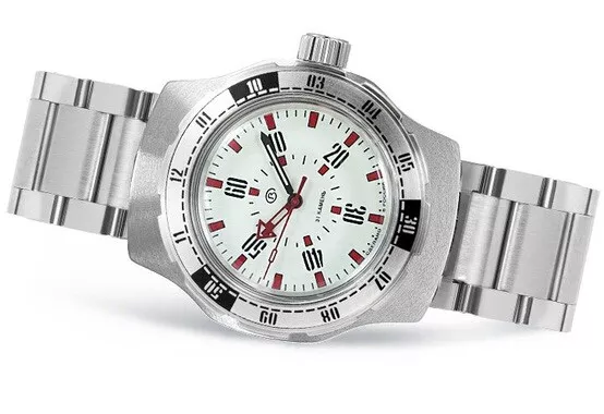New Mens Automatic Watch Vostok Amphibian Pripyat 16089A White Dial 20 ATM